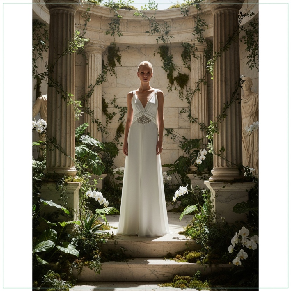 $5900 Jenny Packham Grecian Goddess Crystal Embellished Silky Draped Bridal Gown
